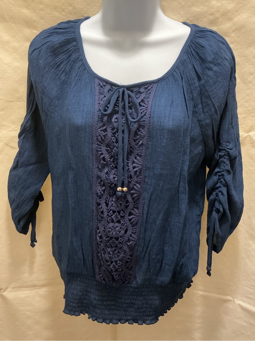 Iz Byer Navy Crochet-Front Peasant Blouse